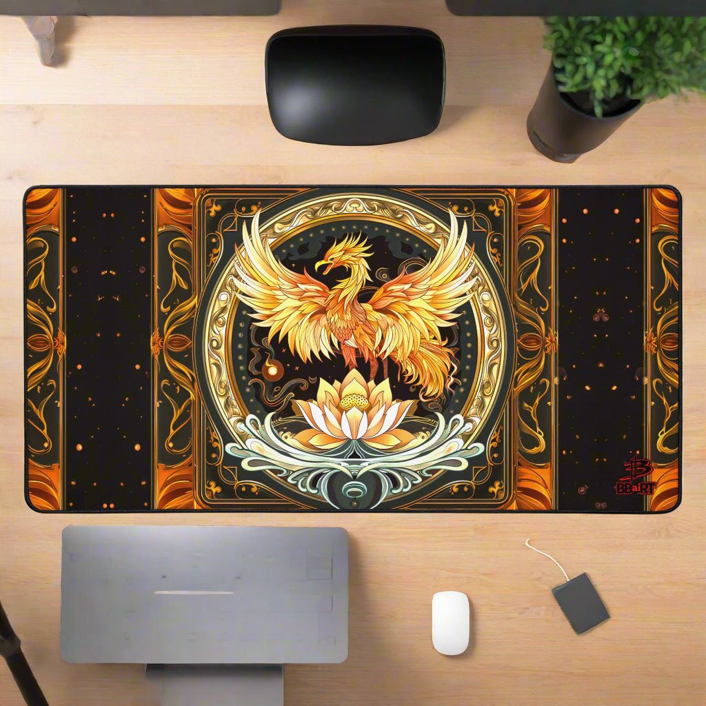 Elemental Harmony: Fiery Phoenix and Calm Lotus – Desk Mat - BBairt
