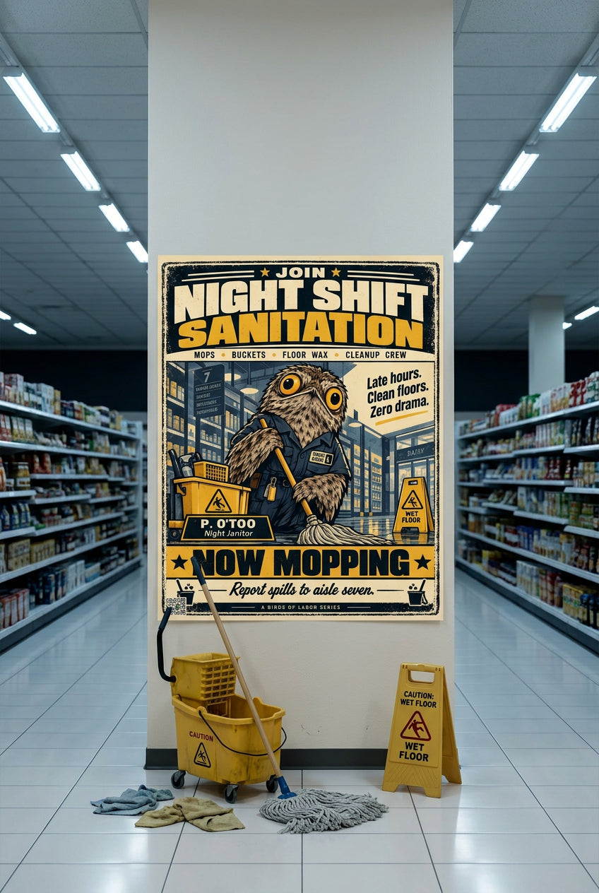 Night Shift Sanitation – P. O'Too, wide-eyed potoo janitor mopping the grocery aisle at night; Birds of Labor photo paper poster, 12 × 16 inches, front-view mockup by BBairt