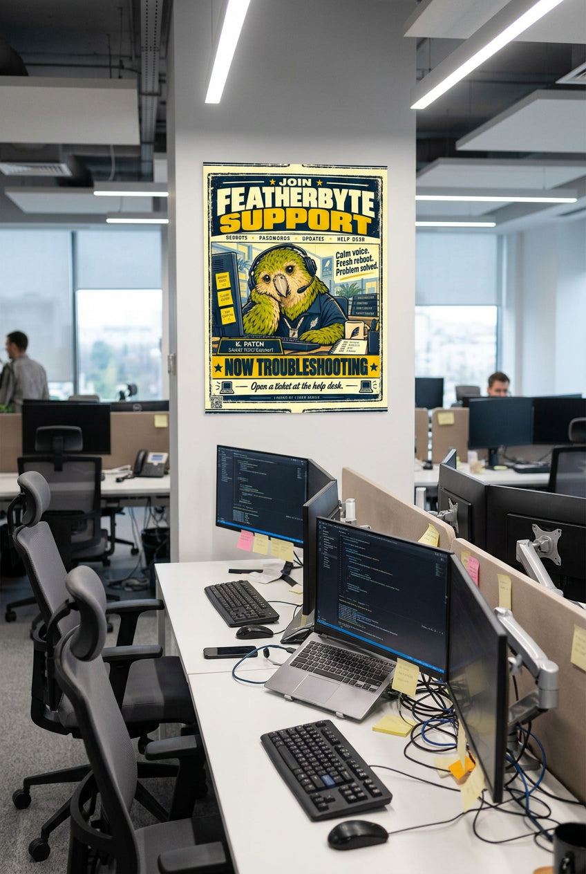 Featherbyte Support – K. Patch, green kakapo tech support operator wearing a headset; Birds of Labor photo paper poster, 12 × 16 inches, front-view mockup by BBairt