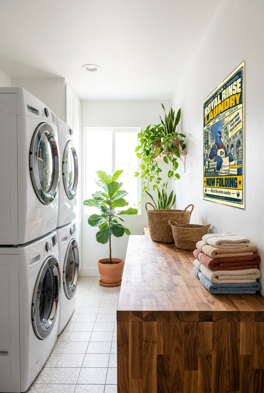 Royal Rinse Laundry – V. Crown, Victoria crowned pigeon folding towels in a retro laundromat advert; Birds of Labor photo paper poster, 12 × 16 inches, front-view mockup by BBairt