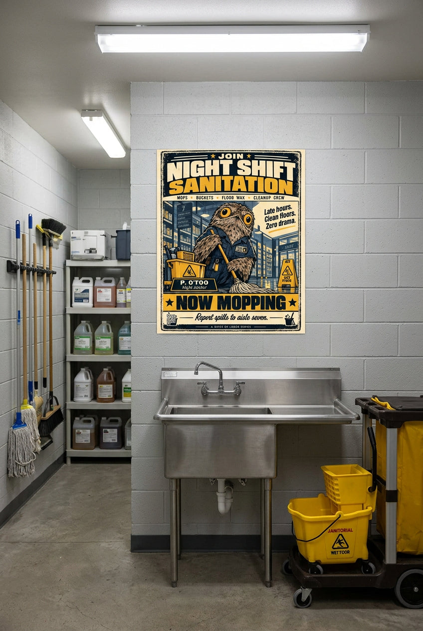 Night Shift Sanitation – P. O'Too, wide-eyed potoo janitor mopping the grocery aisle at night; Birds of Labor photo paper poster, 16 × 20 inches, front-view mockup by BBairt