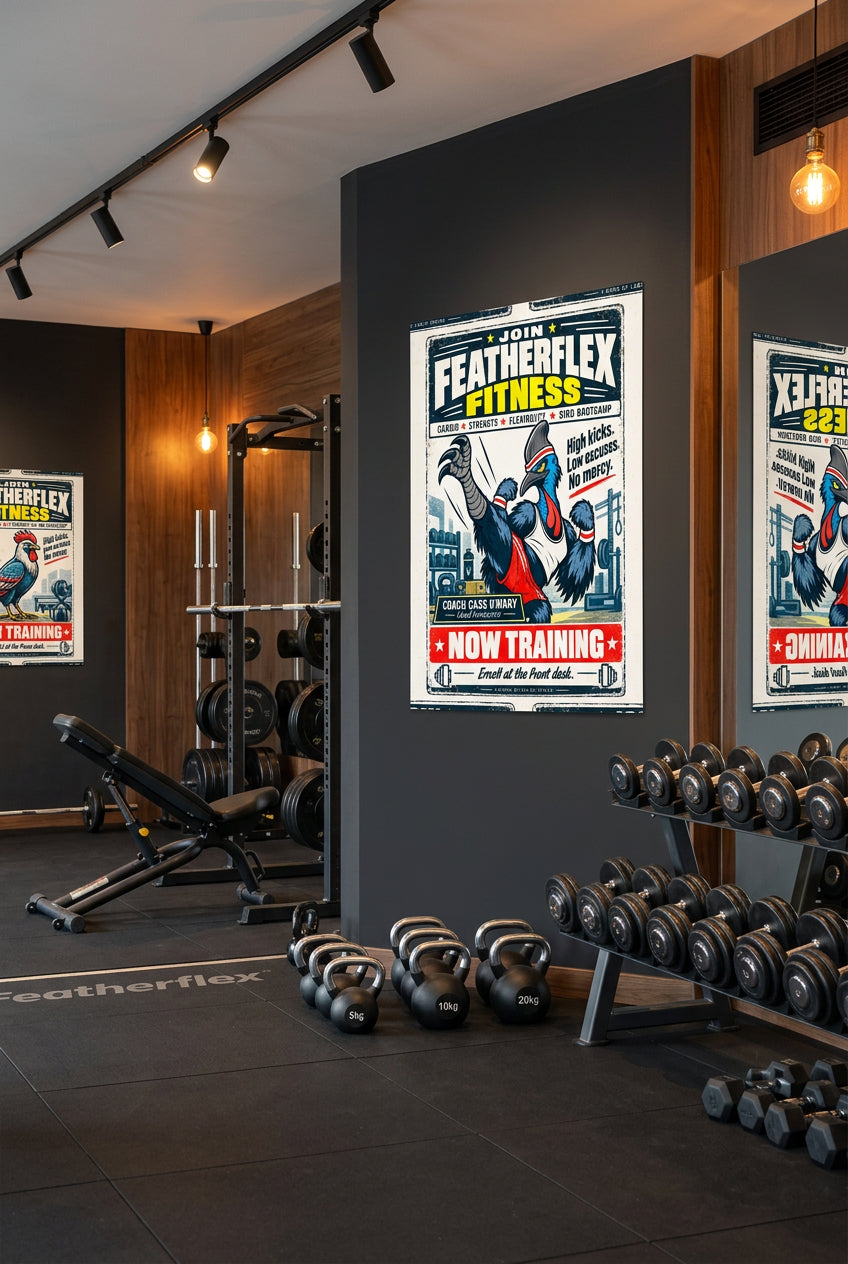 Featherflex Fitness – Coach Cass O'Wary the high-kicking cassowary fitness instructor; Birds of Labor photo paper poster, 16 × 20 inches, front-view mockup by BBairt