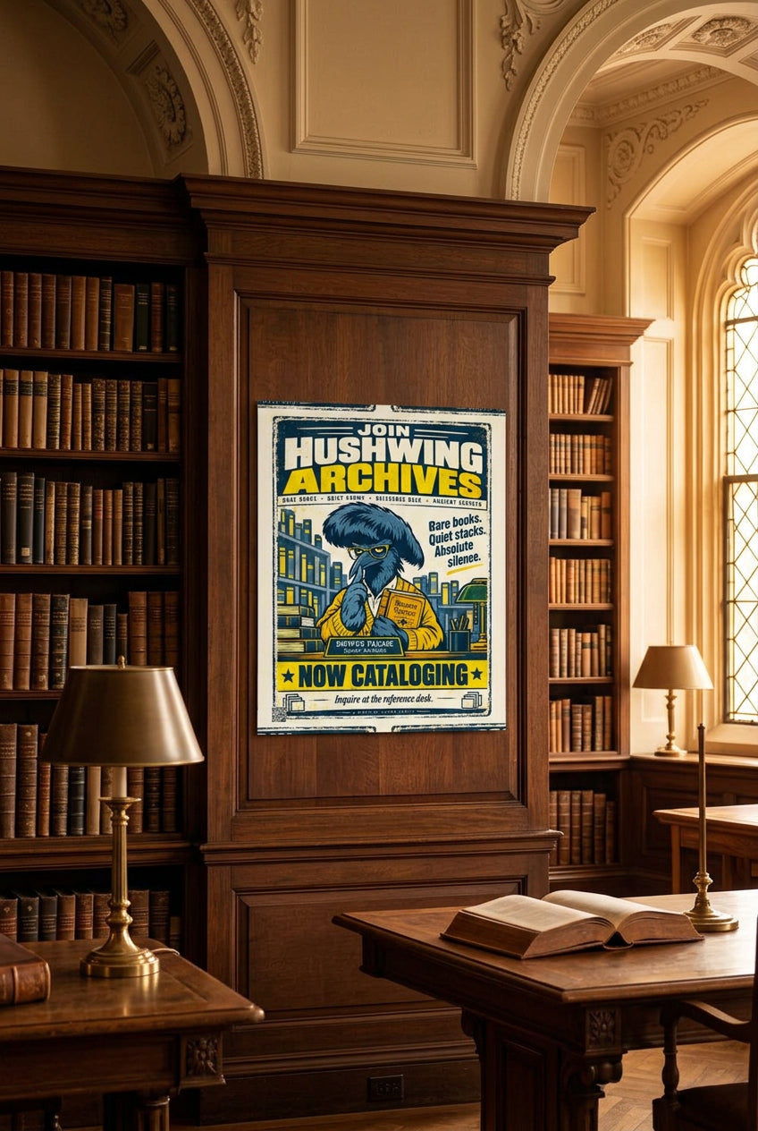Hushwing Archives – Dewey Plume, blue umbrellabird librarian holding Ancient Secrets; Birds of Labor photo paper poster, 16 × 20 inches, front-view mockup by BBairt