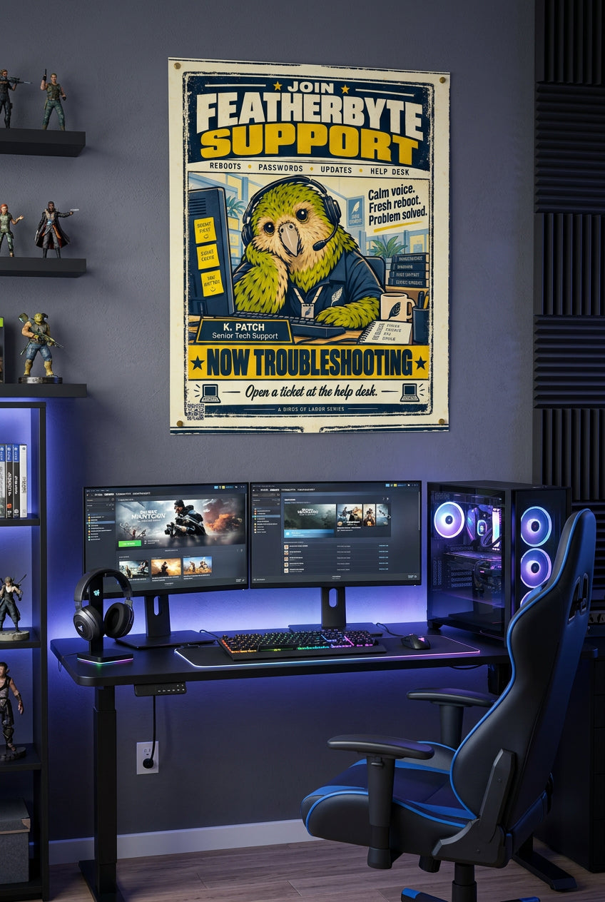 Featherbyte Support – K. Patch, green kakapo tech support operator wearing a headset; Birds of Labor photo paper poster, 16 × 20 inches, front-view mockup by BBairt