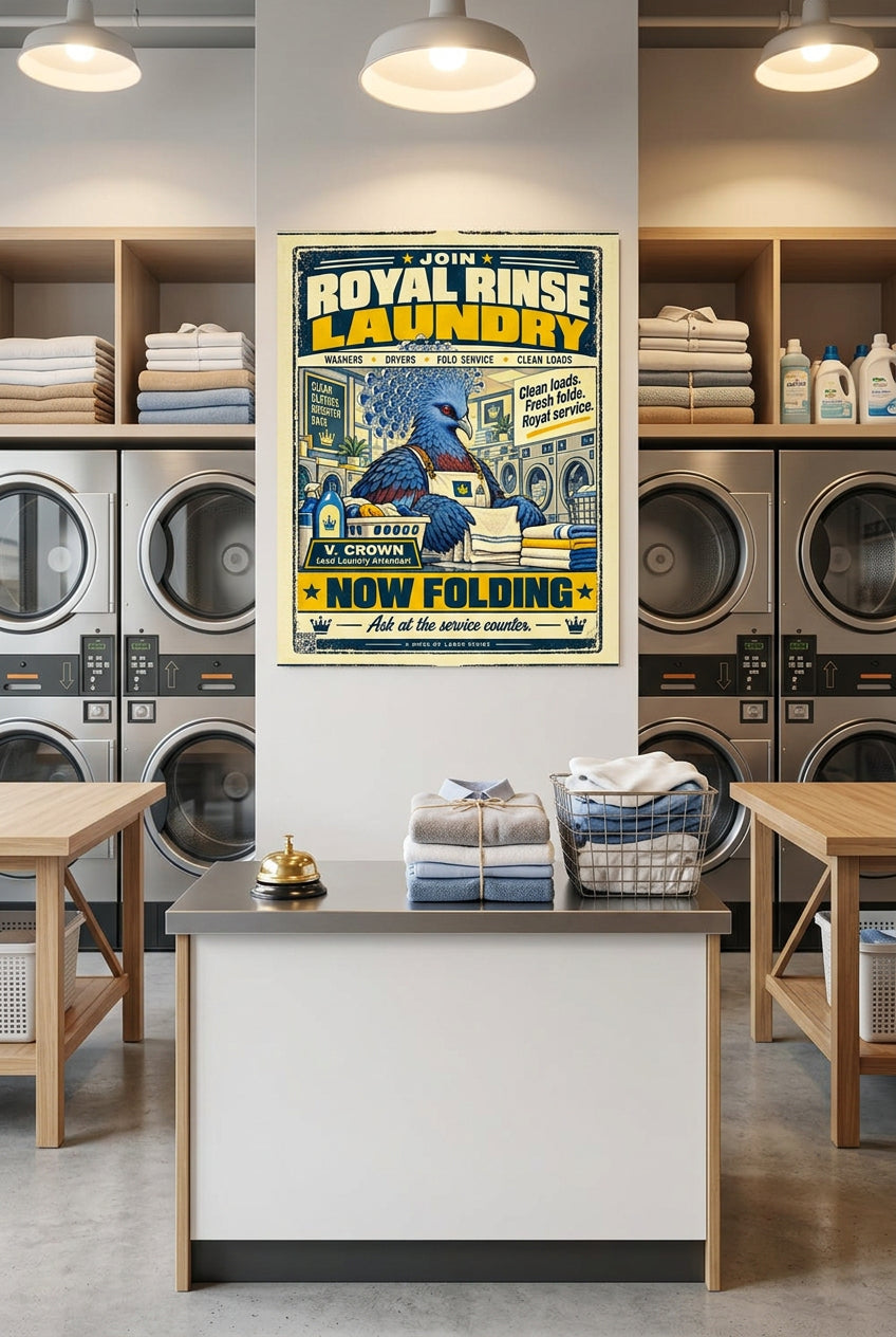 Royal Rinse Laundry – V. Crown, Victoria crowned pigeon folding towels in a retro laundromat advert; Birds of Labor photo paper poster, 16 × 20 inches, front-view mockup by BBairt