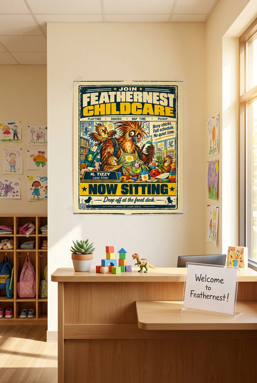 Feathernest Childcare – H. Tizzy, frazzled hoatzin babysitter in a vintage nursery recruitment ad; Birds of Labor photo paper poster, 16 × 20 inches, front-view mockup by BBairt