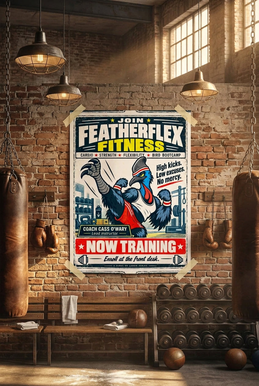 Featherflex Fitness – Coach Cass O'Wary the high-kicking cassowary fitness instructor; Birds of Labor photo paper poster, 18 × 24 inches, front-view mockup by BBairt