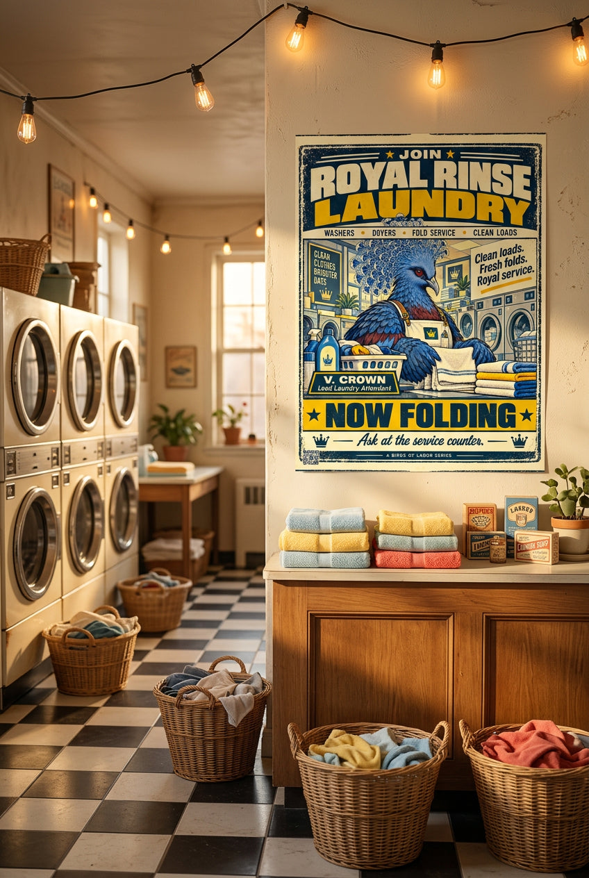 Royal Rinse Laundry – V. Crown, Victoria crowned pigeon folding towels in a retro laundromat advert; Birds of Labor photo paper poster, 18 × 24 inches, front-view mockup by BBairt