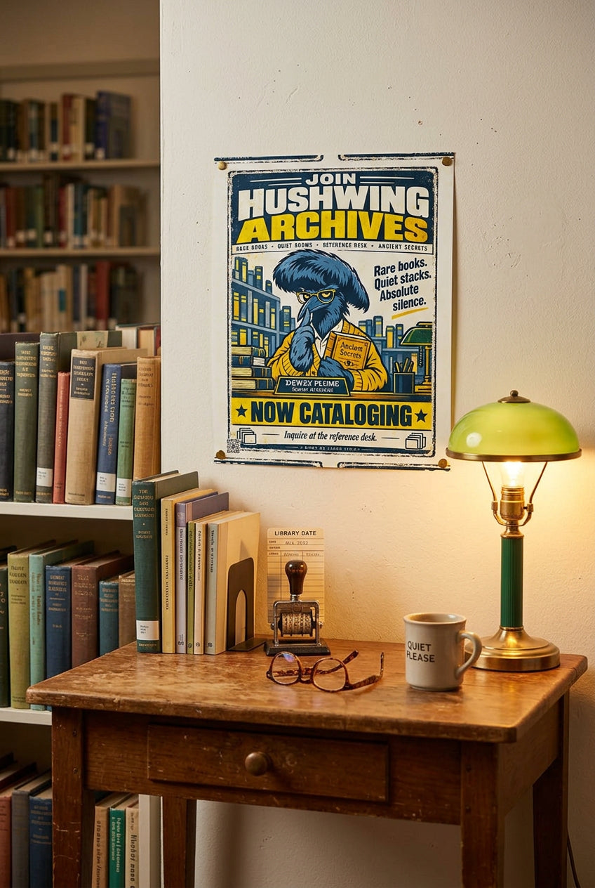 Hushwing Archives – Dewey Plume, blue umbrellabird librarian holding Ancient Secrets; Birds of Labor photo paper poster, 8 × 10 inches, front-view mockup by BBairt