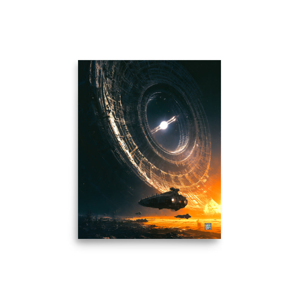 Spacecraft beneath a monumental circular alien installation illuminated by orange light; Monuments of the Unknown by BBairt, unframed 8 × 10 inch photo paper poster mockup
