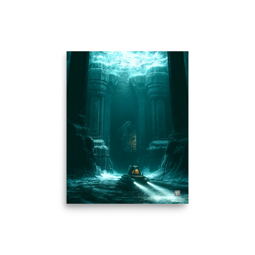 Small exploration vessel beneath towering submerged alien architecture in blue-green water; Monuments of the Unknown by BBairt, unframed 8 × 10 inch photo paper poster mockup