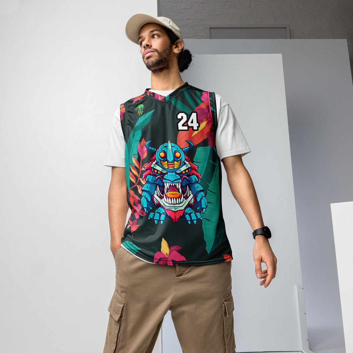Rex the Reactor Watcher - Recycled unisex basketball jersey - Midnight Jungle - BBairt