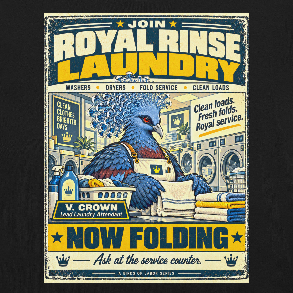 Royal Rinse Laundry – Birds of Labor unisex staple T-shirt, black front view mockup