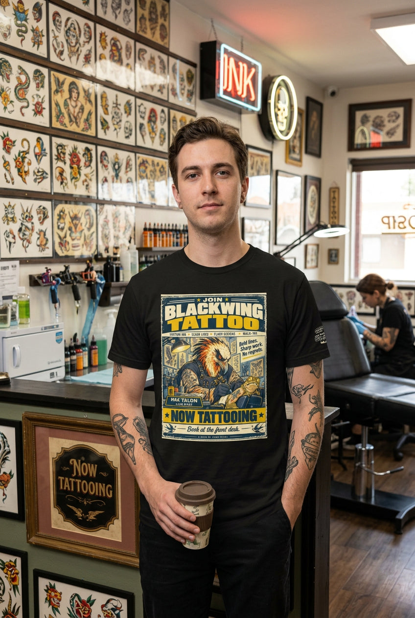 Blackwing Tattoo – Birds of Labor unisex staple T-shirt, black front view mockup