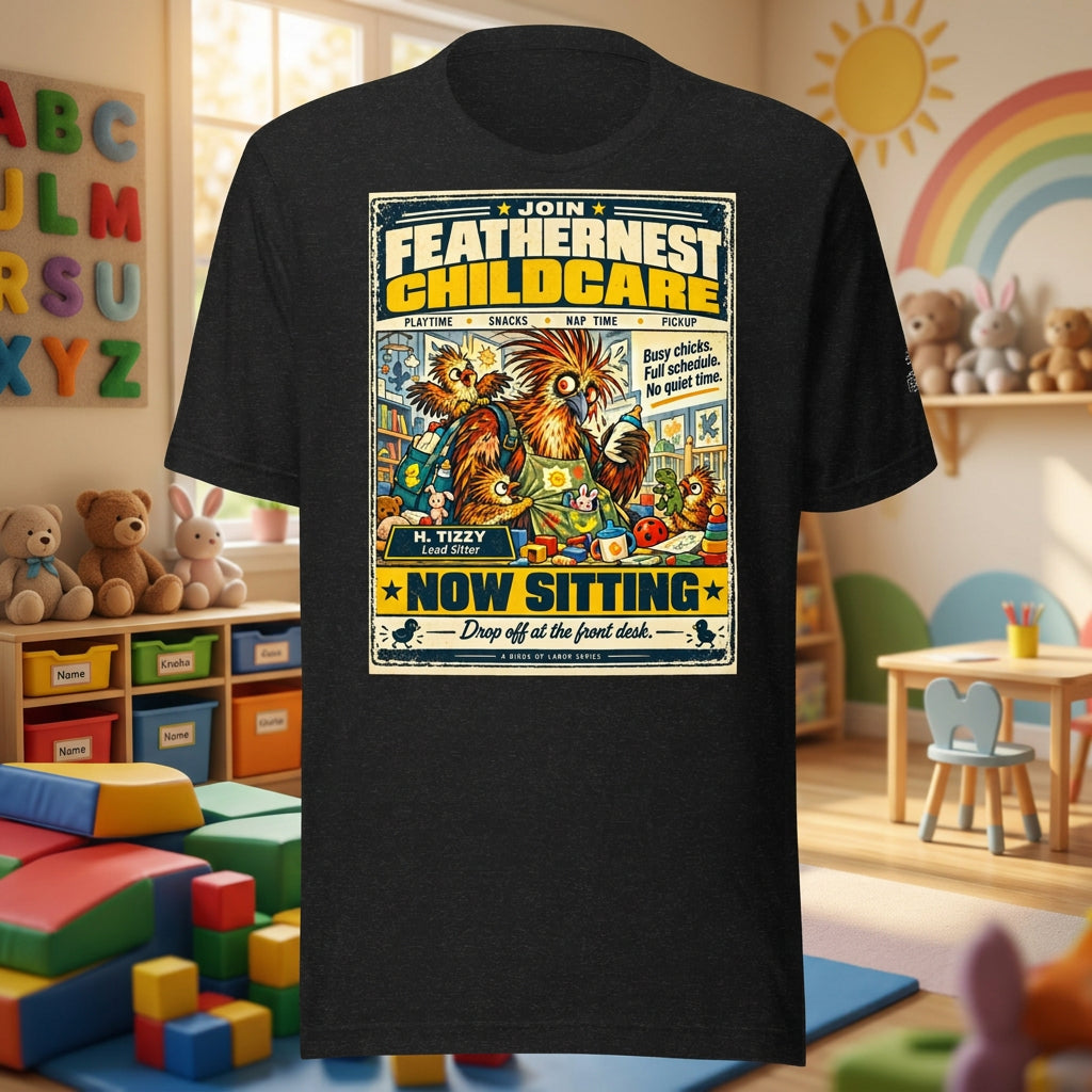 Feathernest Childcare – Birds of Labor unisex staple T-shirt, black heather front view mockup