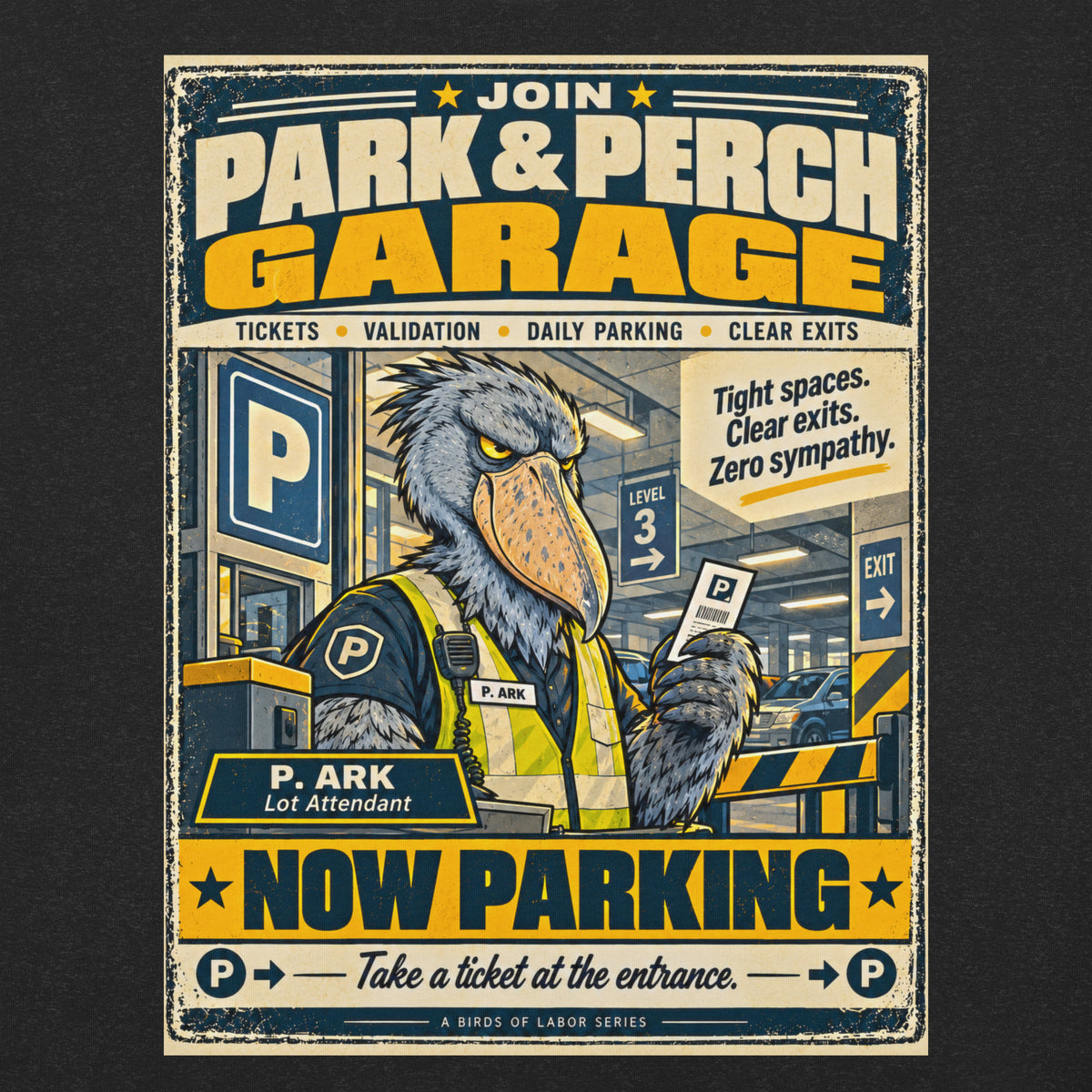 Park & Perch Garage – Birds of Labor unisex staple T-shirt, black heather front view mockup