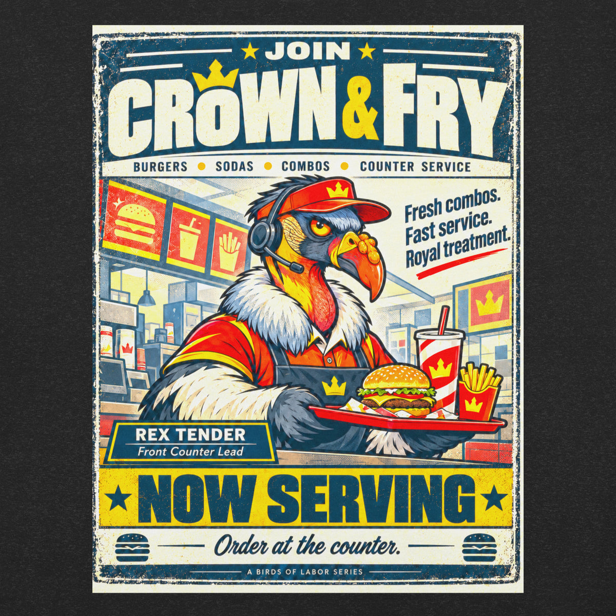 Crown & Fry – Birds of Labor unisex staple T-shirt, black heather front view mockup