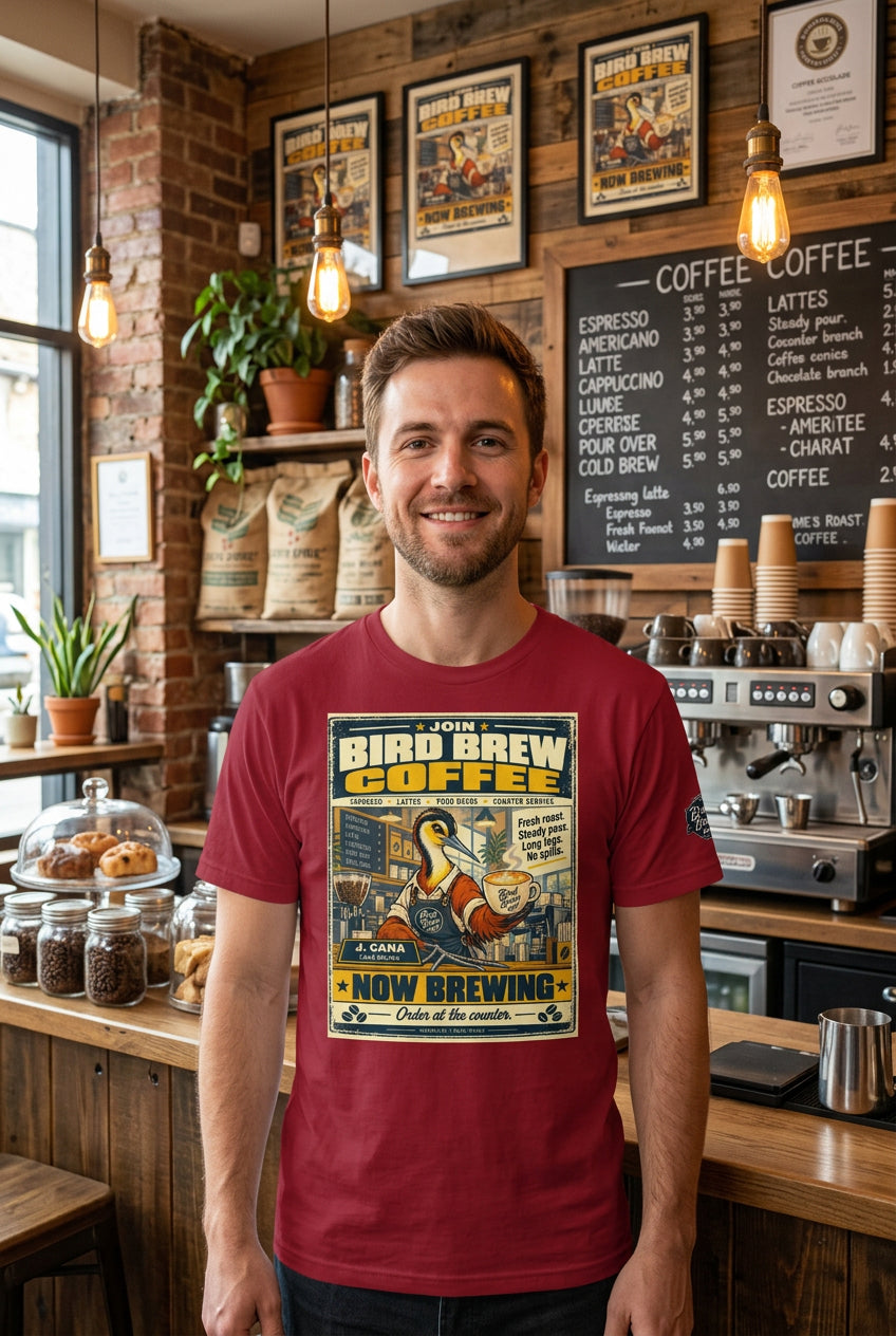 Bird Brew Coffee – Birds of Labor unisex staple T-shirt, cardinal front view mockup