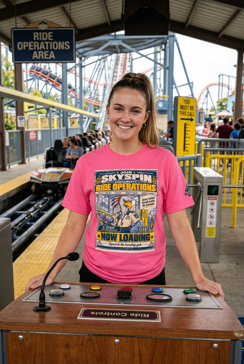 Skyspin Ride Operations – Birds of Labor unisex staple T-shirt, charity pink front view mockup