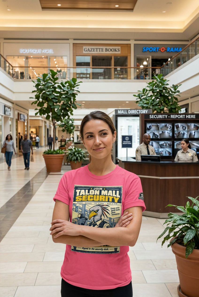 Talon Mall Security – Birds of Labor unisex staple T-shirt, charity pink front view mockup