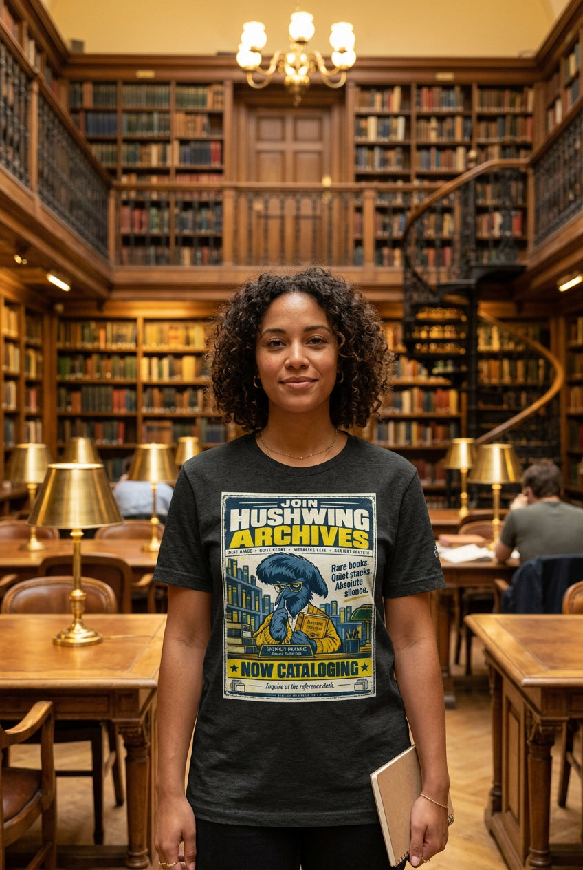 Hushwing Archives – Birds of Labor unisex staple T-shirt, dark grey heather front view mockup