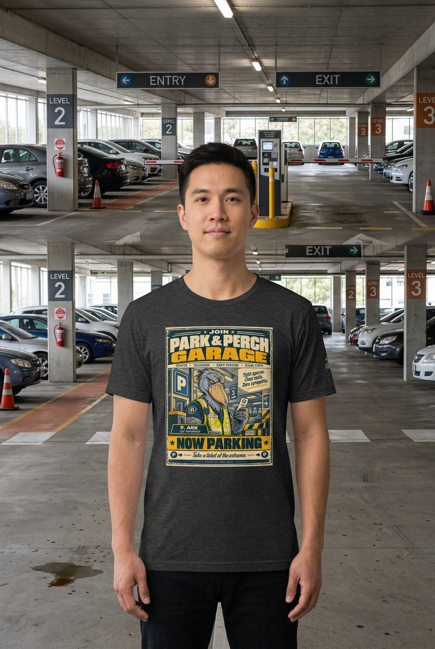 Park & Perch Garage – Birds of Labor unisex staple T-shirt, dark grey heather front view mockup