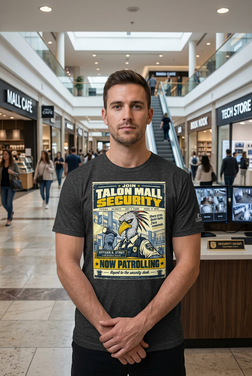 Talon Mall Security – Birds of Labor unisex staple T-shirt, dark grey heather front view mockup