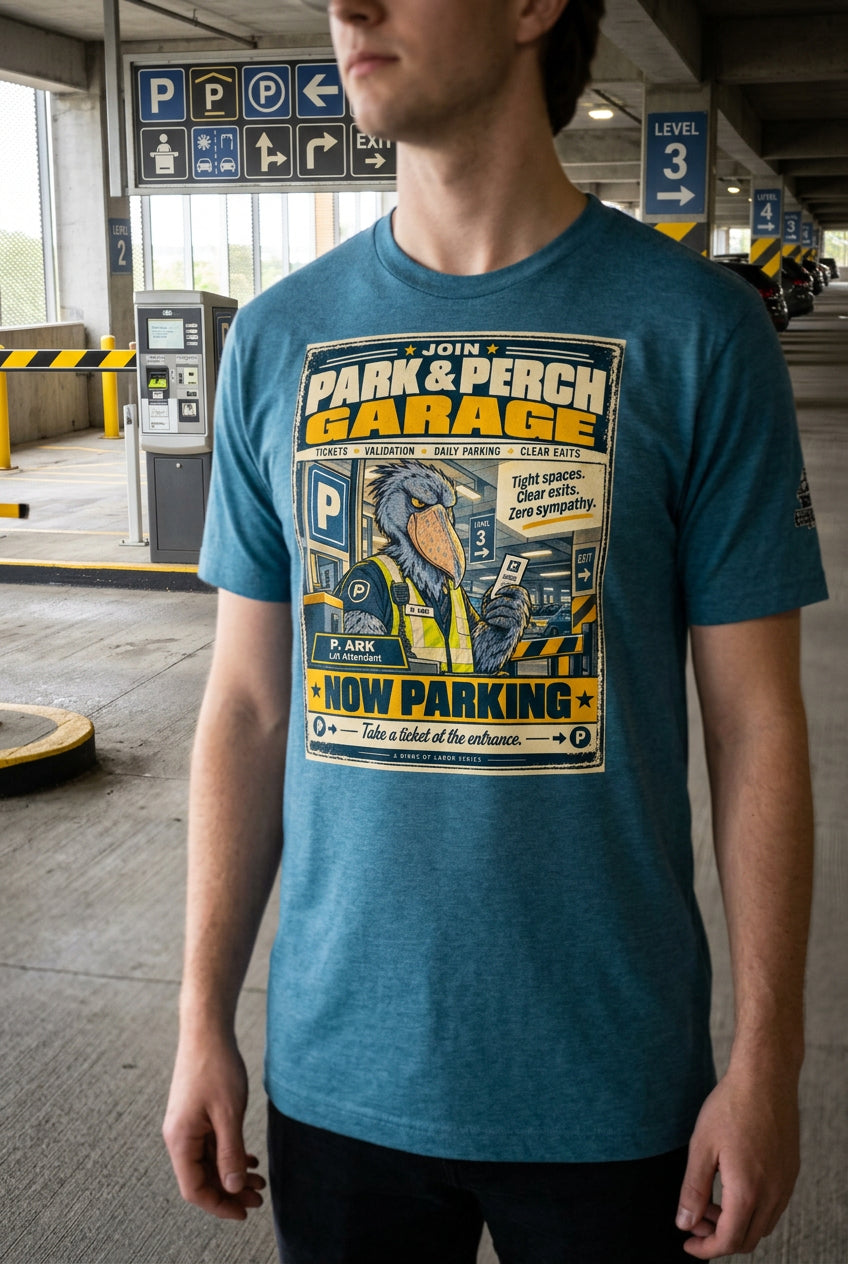 Park & Perch Garage – Birds of Labor unisex staple T-shirt, heather deep teal front view mockup