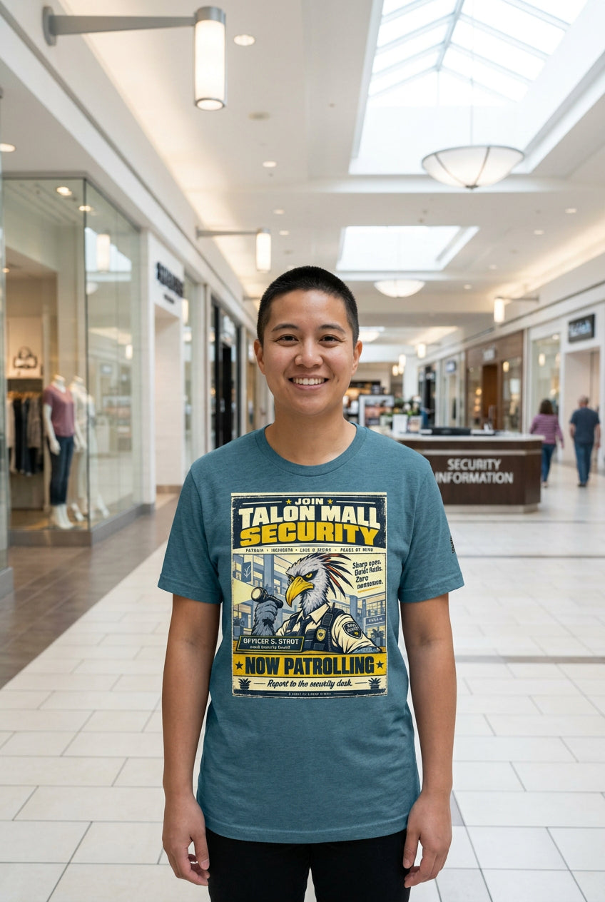 Talon Mall Security – Birds of Labor unisex staple T-shirt, heather deep teal front view mockup