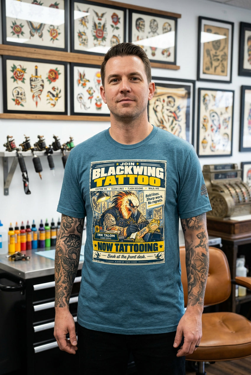 Blackwing Tattoo – Birds of Labor unisex staple T-shirt, heather deep teal front view mockup