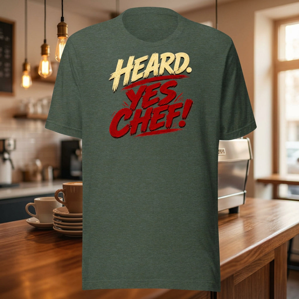 Heard. Yes Chef! unisex staple T-shirt — heather forest front view mockup
