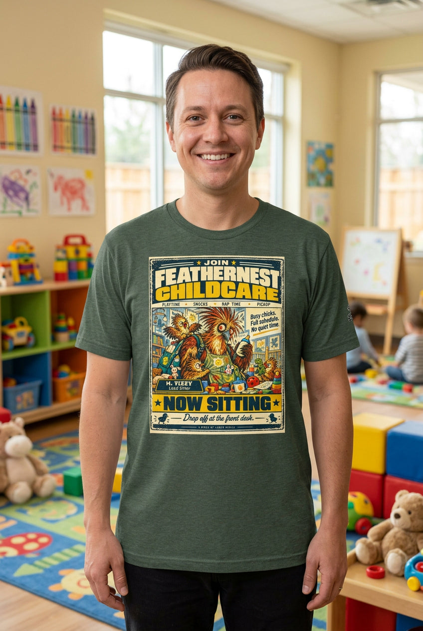 Feathernest Childcare – Birds of Labor unisex staple T-shirt, heather forest front view mockup