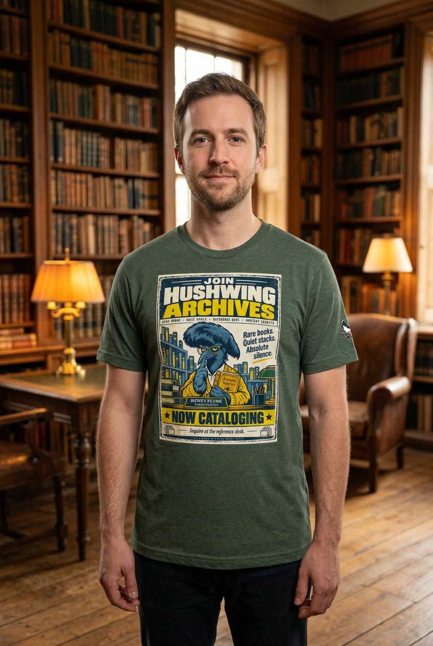 Hushwing Archives – Birds of Labor unisex staple T-shirt, heather forest front view mockup