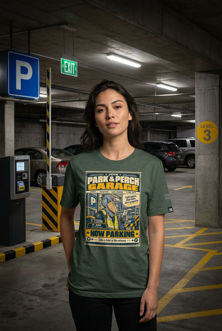 Park & Perch Garage – Birds of Labor unisex staple T-shirt, heather forest front view mockup