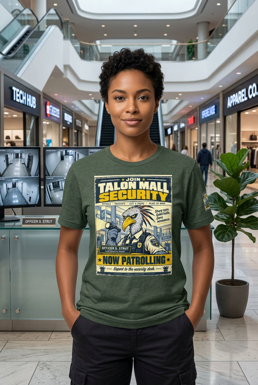 Talon Mall Security – Birds of Labor unisex staple T-shirt, heather forest front view mockup