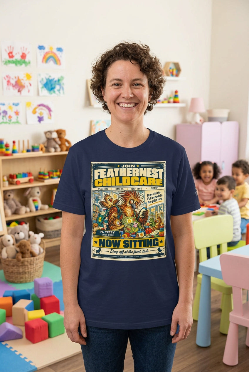 Feathernest Childcare – Birds of Labor unisex staple T-shirt, navy front view mockup