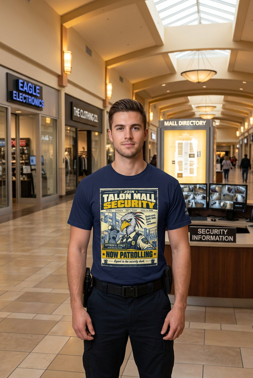 Talon Mall Security – Birds of Labor unisex staple T-shirt, navy front view mockup