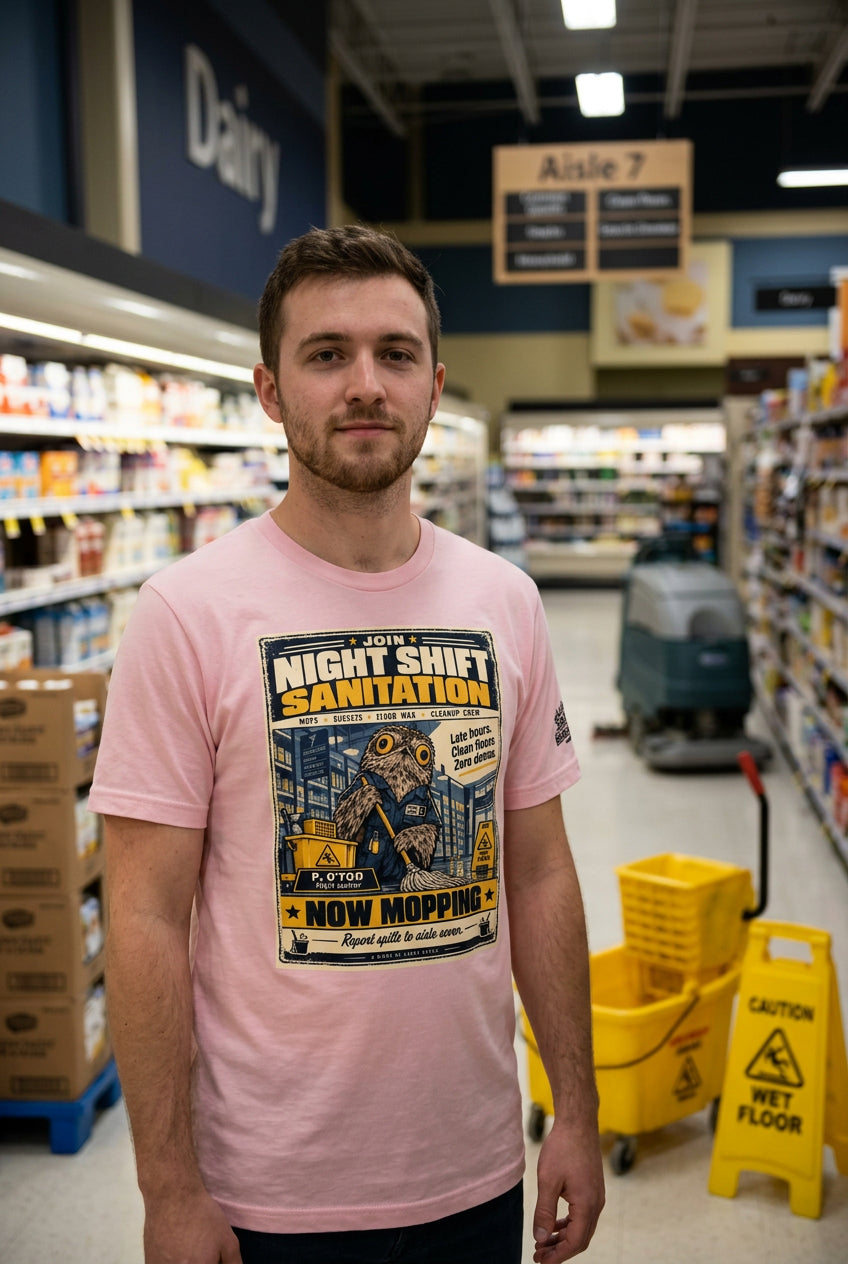 Night Shift Sanitation – Birds of Labor unisex staple T-shirt, pink front view mockup