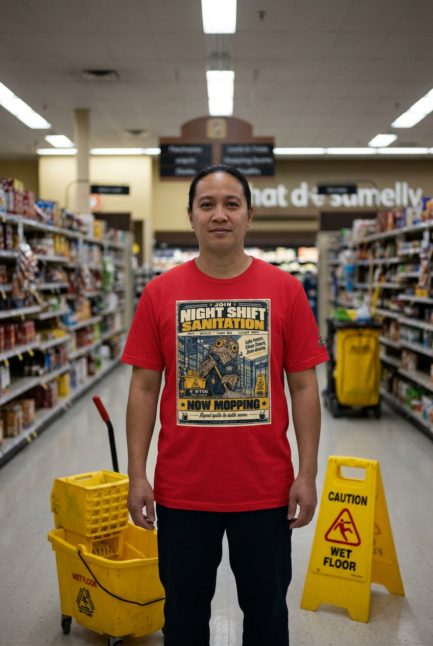 Night Shift Sanitation – Birds of Labor unisex staple T-shirt, red front view mockup