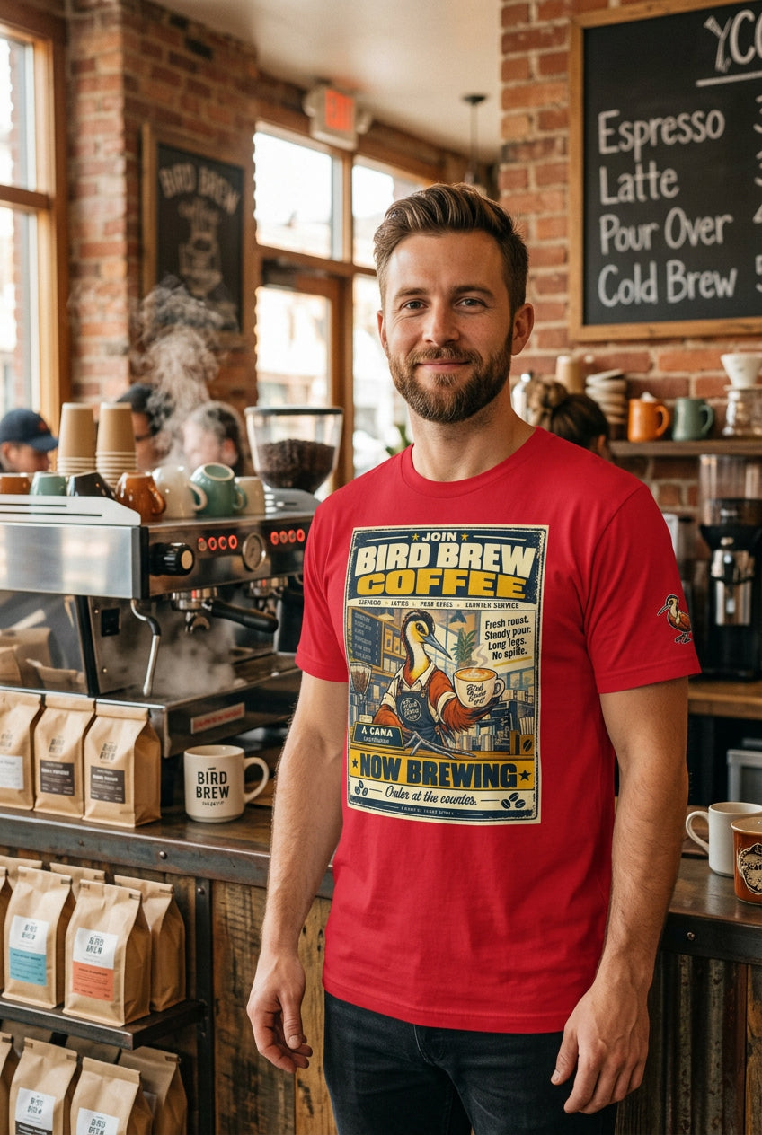 Bird Brew Coffee – Birds of Labor unisex staple T-shirt, red front view mockup
