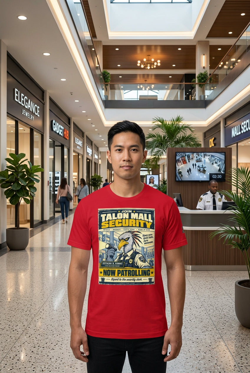 Talon Mall Security – Birds of Labor unisex staple T-shirt, red front view mockup