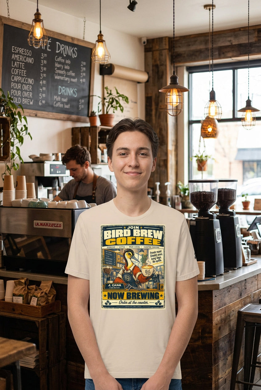 Bird Brew Coffee – Birds of Labor unisex staple T-shirt, soft cream front view mockup