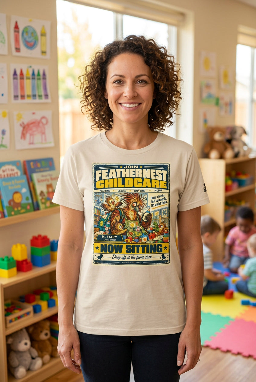 Feathernest Childcare – Birds of Labor unisex staple T-shirt, soft cream front view mockup