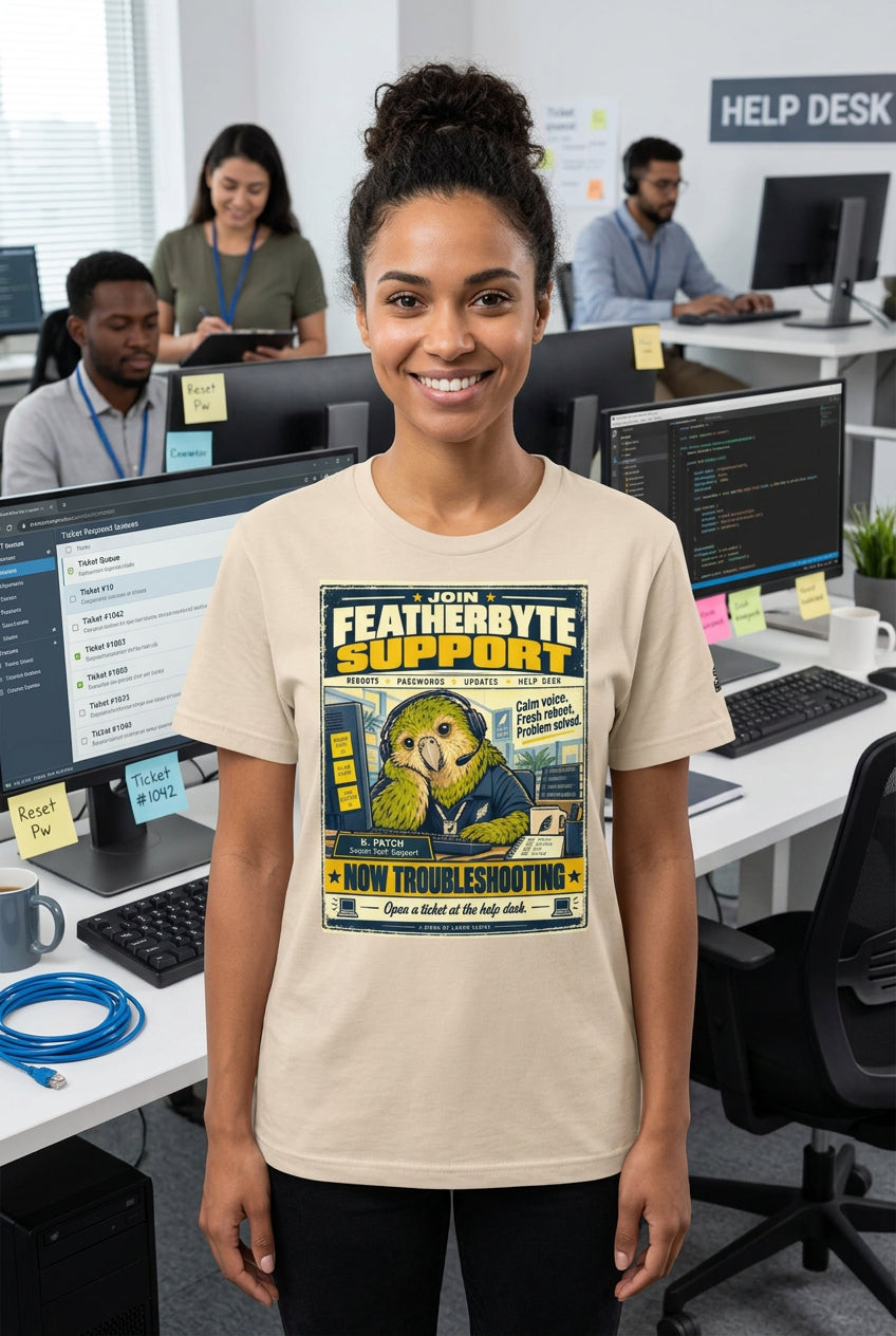 Featherbyte Support – Birds of Labor unisex staple T-shirt, soft cream front view mockup