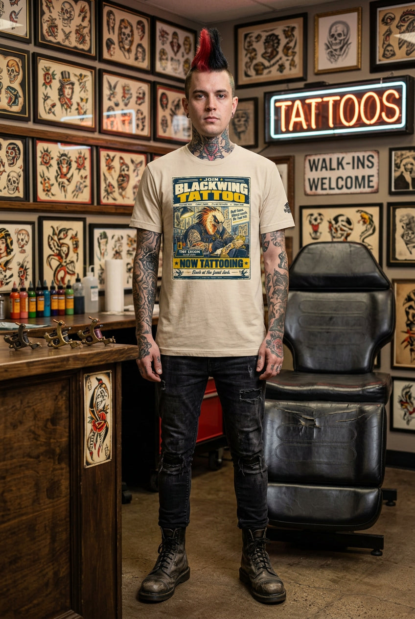 Blackwing Tattoo – Birds of Labor unisex staple T-shirt, soft cream front view mockup