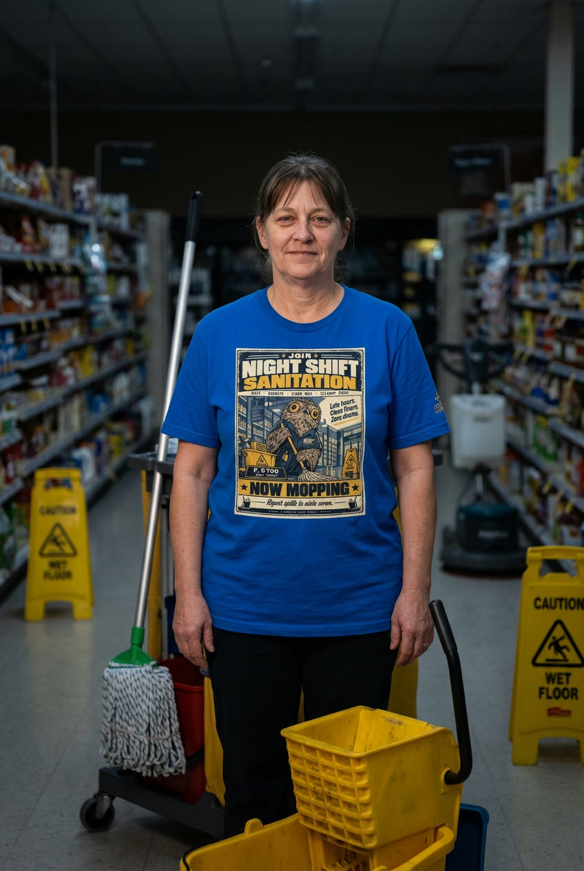 Night Shift Sanitation – Birds of Labor unisex staple T-shirt, true royal front view mockup