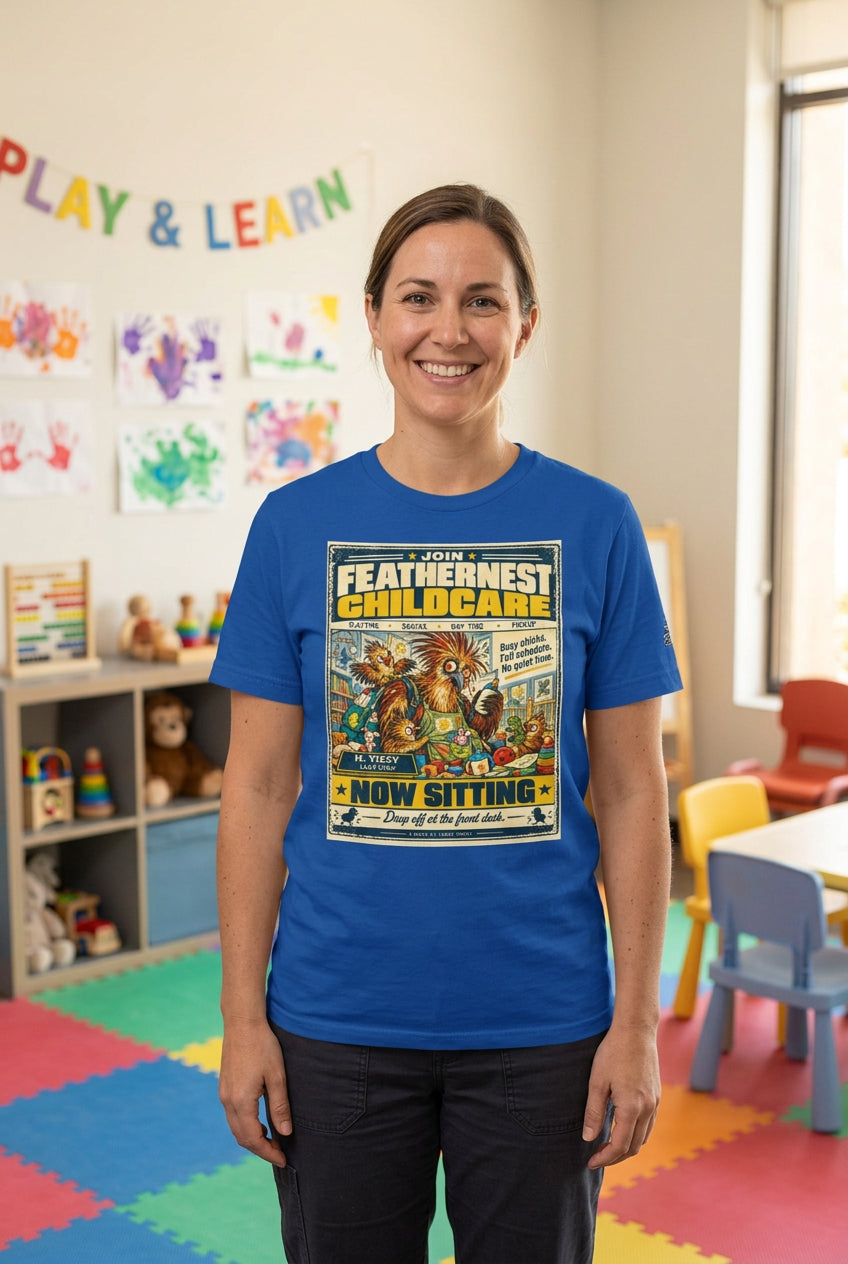 Feathernest Childcare – Birds of Labor unisex staple T-shirt, true royal front view mockup