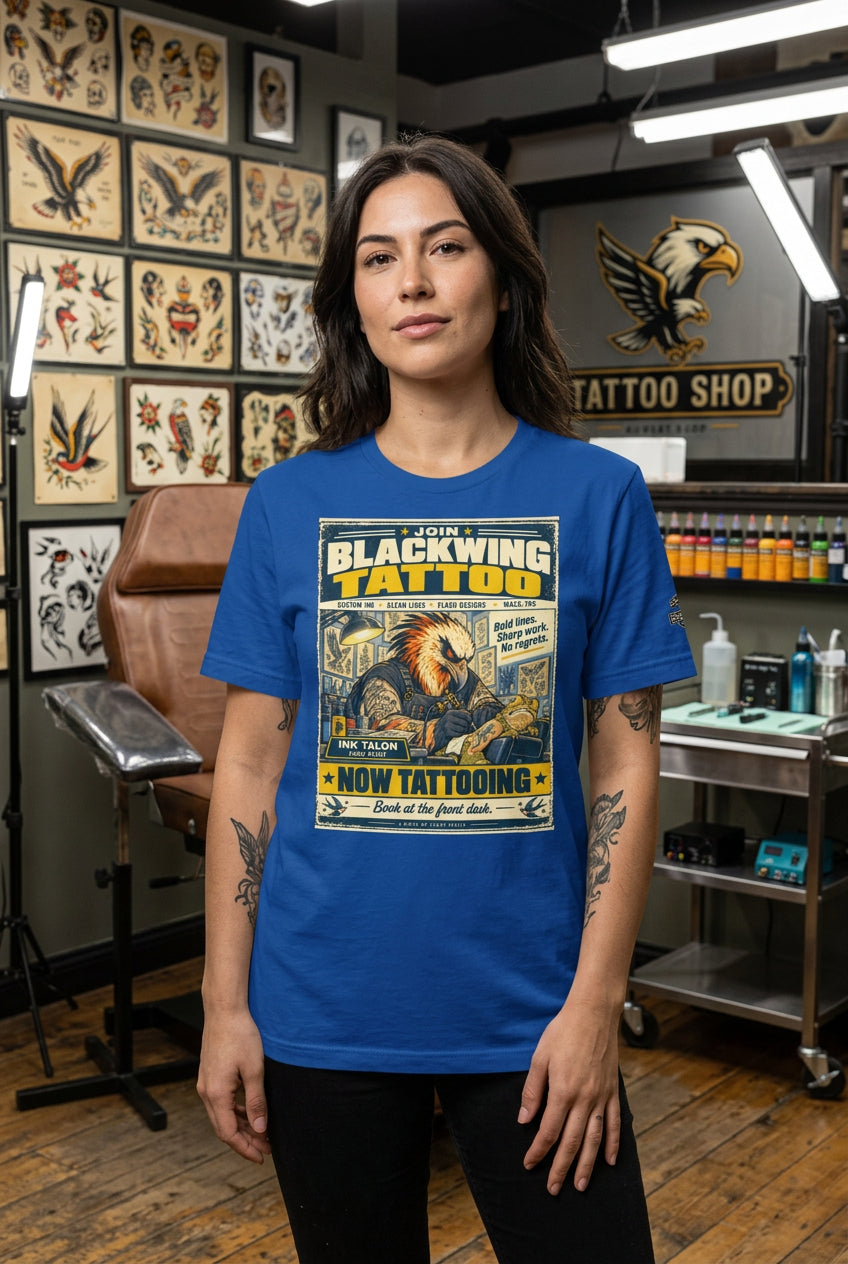 Blackwing Tattoo – Birds of Labor unisex staple T-shirt, true royal front view mockup