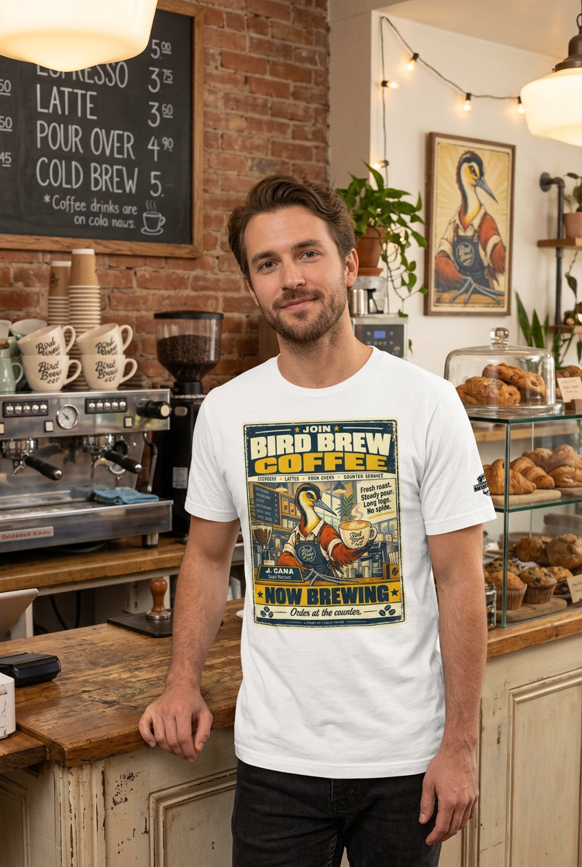 Bird Brew Coffee – Birds of Labor unisex staple T-shirt, white front view mockup