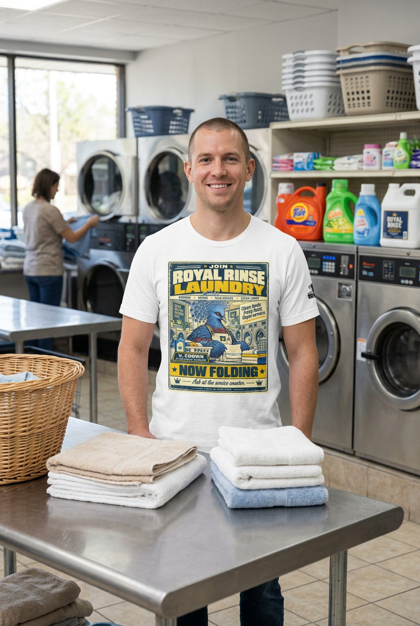 Royal Rinse Laundry – Birds of Labor unisex staple T-shirt, white front view mockup